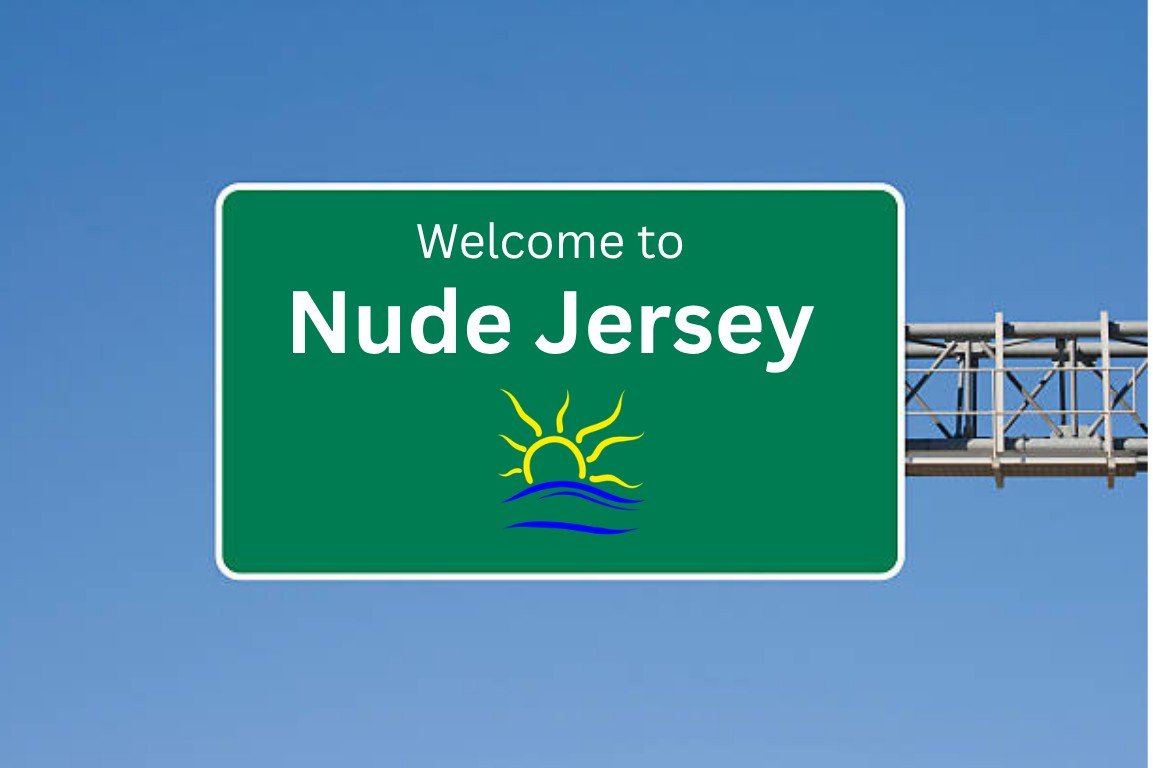 Green highway sign reading Welcome to Nude Jersey with the International Naturist Symbol